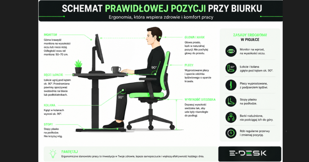 Schemat przedstawiający prawidłową pozycję przy biurku z&nbsp;zaznaczeniem ustawienia monitora, łokci, pleców, kolan i&nbsp;stóp zgodnie z&nbsp;zasadami ergonomii.